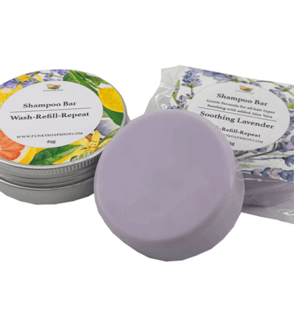 Champú en barra calmante de lavanda, 65 g + lata Champú en barra calmante de lavanda, 65 g + lata