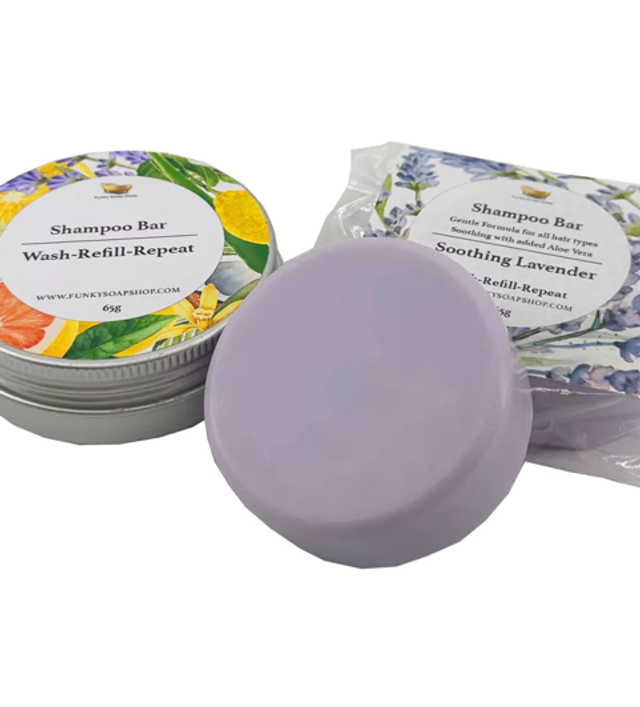 Champú en barra calmante de lavanda, 65 g + lata