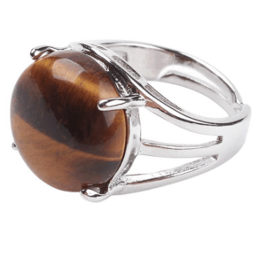 Anillo ajustable chapado en plata, con gema circular grande de ojo de tigre