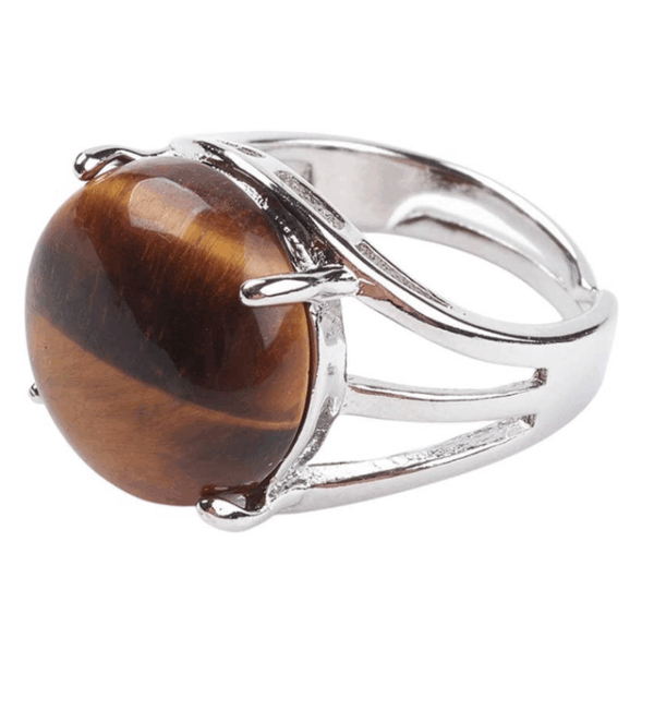 Anillo ajustable chapado en plata, con gema circular grande de ojo de tigre Anillo ajustable chapado en plata, con gema circular grande de ojo de tigre