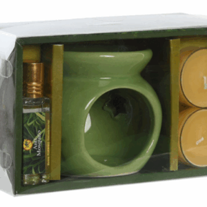 Quemador set de cerámica verde, 2 velas y aceite de 10ml