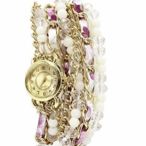 Reloj brazalete – perlas y cristal lila