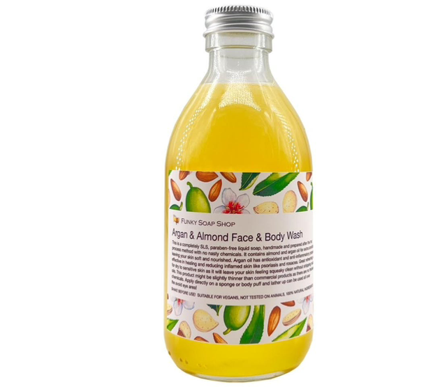 Funky Gel de baño de aceite de argán y almendras, botella de vidrio de 250 ml