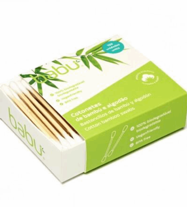 Bastoncillos para oídos de bambú y algodón biodegradable. Babu